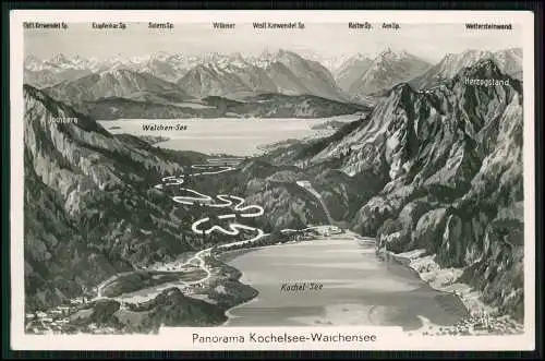 Foto AK Landkarte Panorama Kochelsee Walchensee Alpenberge namentlich erwähnt