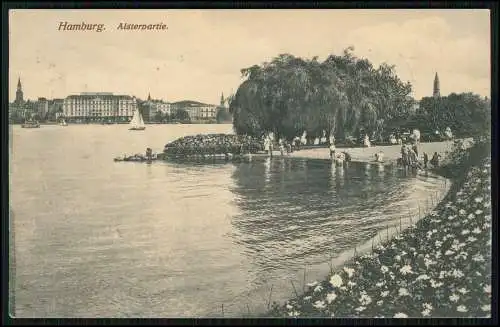 AK Hamburg Alsterpartie Kleine und große Badegäste Spaziergänger  1914 gelaufen