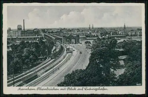 AK Mannheim Rhein-Brücken mit Lokomotive Blick auf Ludwigshafen 1939