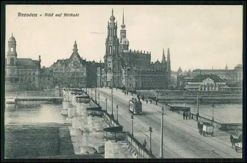 AK Dresden an der Elbe Blick auf Brücke Straßenbahn und Altstadt 1916 gelaufen