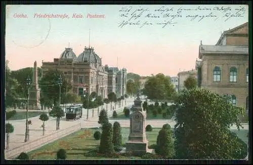 AK Gotha Thüringen Friedrichstraße Postamt Straßenbahn Denkmal 1916 gelaufen