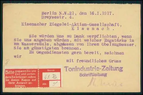 Postkarte Aktienziegelei Eisenacher Ziegeleibetrieb in Eisenach Stregda 1917 gel
