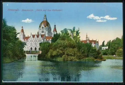 AK Hannover Maschpark Blick vom See auf das Rathaus 1913 gelaufen