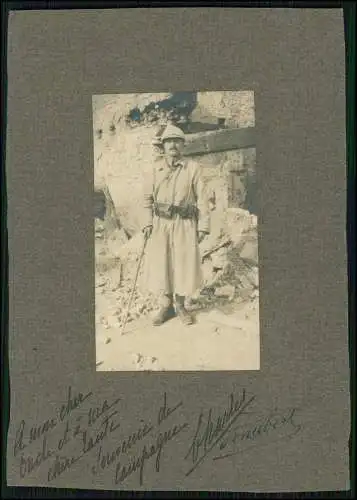 Foto Passepartout 16×11cm 1. WK französischer Soldat Standportrait 1915 Widmung