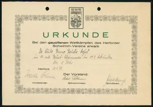 Urkunde 17x12 Turngemeinde Herford Brust Schwimmen Schüler Brücker 1. Preis 1932