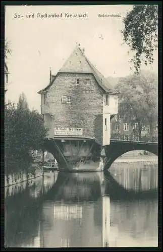 AK Bad Kreuznach Brückenhaus mit Werbung über dem Mühlenteich 1911 gelaufen