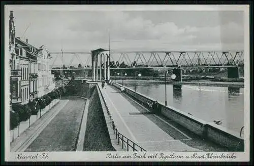 AK Neuwied am Rhein am Deich mit Pegelturm und neuer Rheinbrücke Feldpost 1941