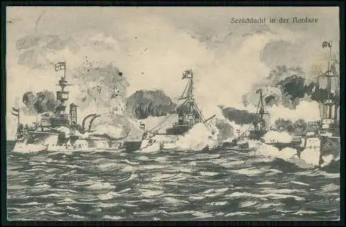 AK Seeschlacht in der Nordsee Kriegsschiffe im Gefecht 1914 Feldpost Elsass gel.