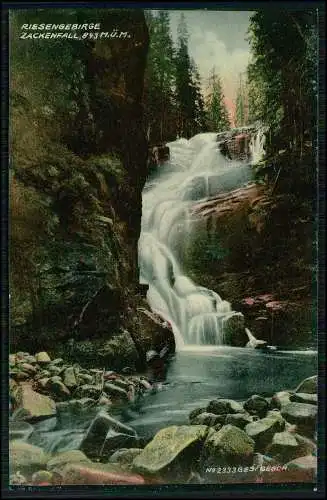 AK Schlesien, Riesengebirge, Zackenfall, Wasserfall 1910 gelaufen viele Stempel