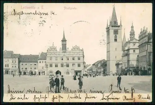 AK Litoměřice Leitmeritz Stadtplatz Rathaus Kirche Geschäft Taussig 1915 gel.