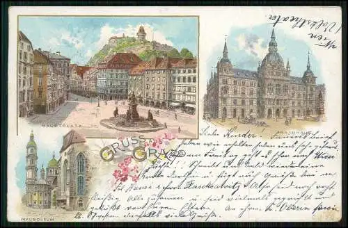 AK Lithographie Graz, Mausoleum Hauptplatz Rathaus 1897 gelaufen