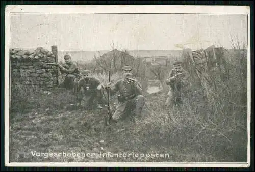 AK 1. WK Vorgeschobener Infanterieposten, Soldaten 1916 Höchst Main gelaufen