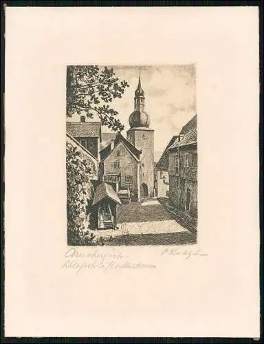 Orig. Radierung 23×18 cm Arnsberg Sauerland Schlossstraße und Glockenturm Gasse