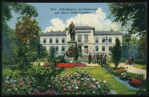 AK Kiel Schlossgarten mit Universität und Blick auf Kaiser Denkmal 1917 gelaufen