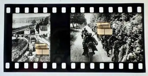 Zelluloid Dia-Negativ-Film Foto 4x 3,5cm - Soldaten Vormarsch Motorrad Fahrzeuge