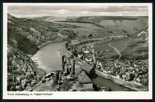 Foto AK Traben Trarbach Burgruine Grevenburg Luftbild Blick auf Mosel und Ort