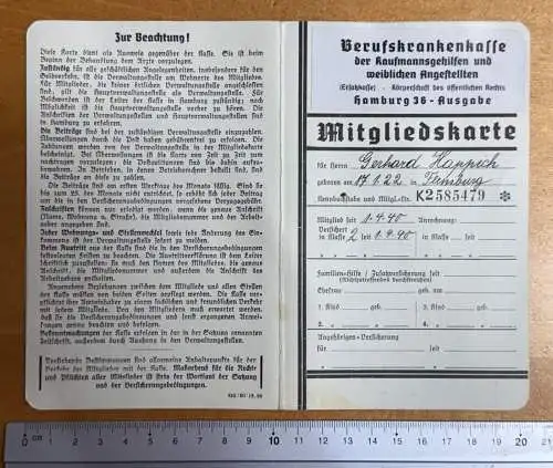 Mitgliedskarte G. Happich Berufskrankenkasse der Kaufmannsgehilfen Hamburg 1940