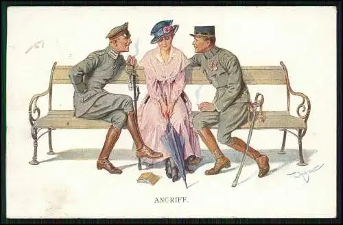 AK M. Munk, Wien zwei Soldaten mit Dame auf einer Bank 1917 Bielefeld gelaufen