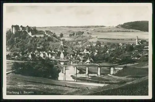 Foto AK Harburg in Bayern, Blick auf die Ortschaft mit Burg Brücke Kirche 1936