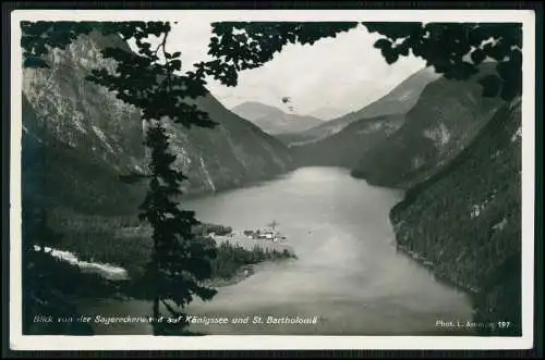 Foto AK Königssee Oberbayern, Blick von Sagereckwand auf See und St. Bartholomä