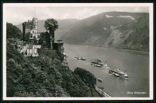 Echt Foto Postkarte AK Trechtingshausen am Rhein Burg Rheinstein Dampfer Schiffe