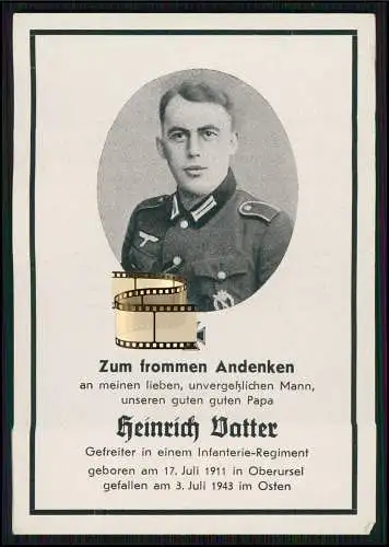 2. WK Sterbebild Heinrich Vetter Soldat in einem Infanterie Regiment 1943 Osten