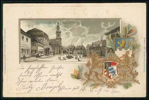 AK Präge Wappen Litho Erlangen in Franken Blick in die Hauptstraße 1898 gelaufen