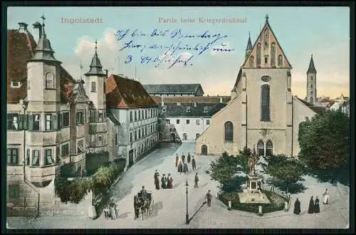 AK Ingolstadt, Straßenpartie mit Kriegerdenkmal 1908 gelaufen