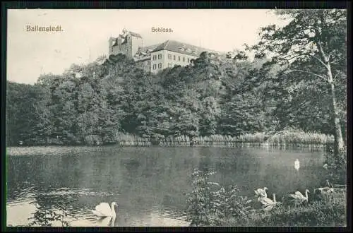 AK Ballenstedt im Harz Blick vom Teich mit Schwäne auf das Schloss 1910 gelaufen