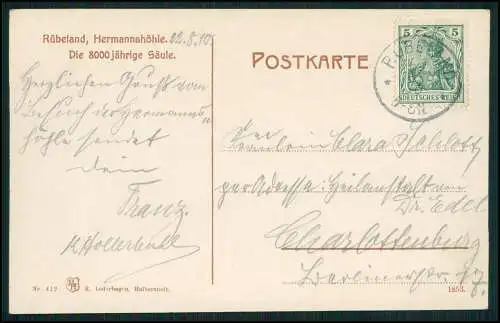AK Rübeland Oberharz am Brocken, Hermannshöhle, 8000 jährige Säule 1910 gelaufen