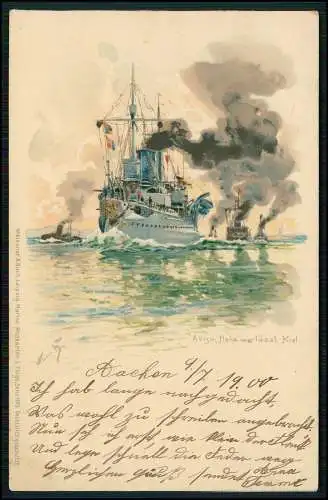 AK Künstler Litho Deutsches Kriegsschiff Aviso Hela verlässt Kiel 1900 gelaufen