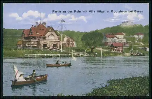 AK Essen im Ruhrgebiet, Partie an der Ruhr mit Villa Hügel und Bootshaus 1905