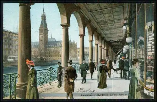 AK Hamburg Alsterarkaden Durchblick auf Rathaus Geschäft Passanten 1910 gelaufen