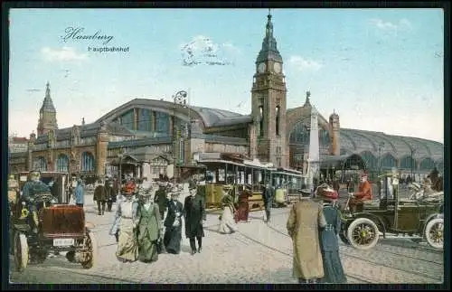 AK Ansichtskarte Postkarte Hamburg, Hauptbahnhof Straßenbahn PKW Auto 1910 gel.