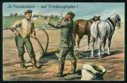 AK 1. WK In Feindesland auf Friedenspfaden Soldat als Bauer Pferd 1915 Feldpost