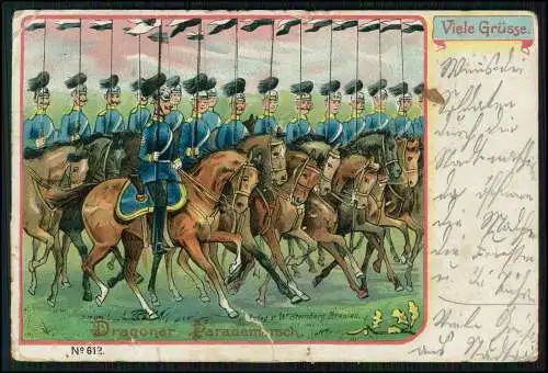 AK Parademarsch Soldaten Dragoner-Regiment 1905 gelaufen