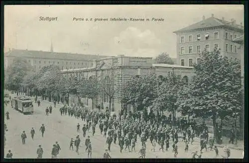 AK Stuttgart, Rothebühlstraße mit großer Infanterie-Kaserne Parade 1916