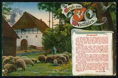 AK Wappen Westfalenlied Schäfer Schafherde vor einem Bauernhaus 1911 gelaufen