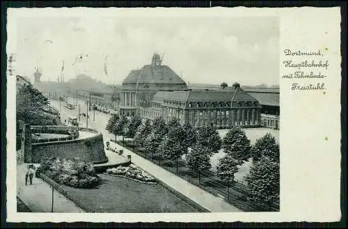 AK Dortmund im Ruhrgebiet Hauptbahnhof mit Freistuhl Straßenbahn 1938 gelaufen