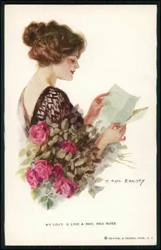 AK Künstler Postkarte Christy, F. Earl, Dame Liebesbrief Rosen 1912