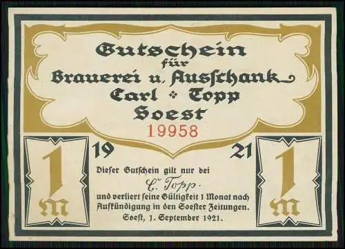 Gutschein 1 Mark Soest, Brauerei und Ausschank von Carl Topp, 1921