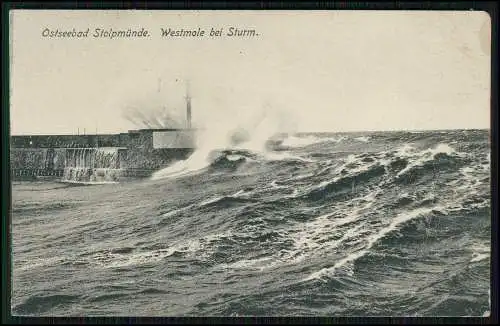 AK Ustka Stolpmünde Pommern  Westmole bei Sturm 1916 Feldpost gelaufen