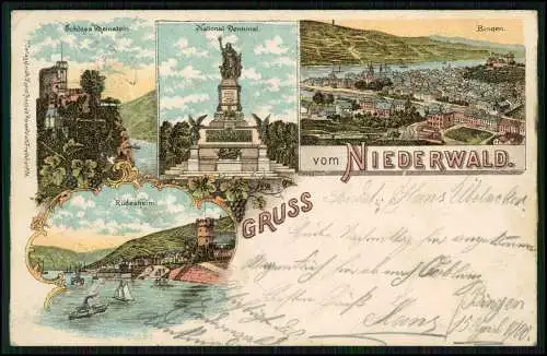 AK Litho Gruß vom Niederwald Rüdesheim Nationaldenkmal Rheinstein 1900 gelaufen