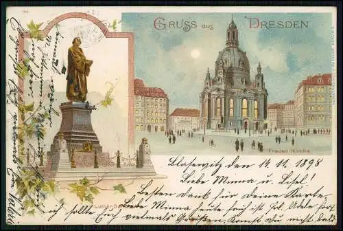 AK Litho Dresden Zentrum Altstadt, Frauenkirche, Luther Denkmal 1898 gelaufen