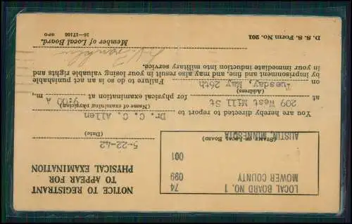 3xKarte 2.WK Selective Service Notice of Classification Postcard 1942 Austin USA