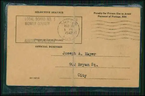 3xKarte 2.WK Selective Service Notice of Classification Postcard 1942 Austin USA