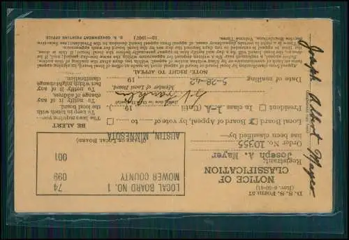 3xKarte 2.WK Selective Service Notice of Classification Postcard 1942 Austin USA