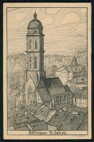 AK Künstler Göttingen Blick von oben auf St. Jacobi Kirche 1921 gelaufen