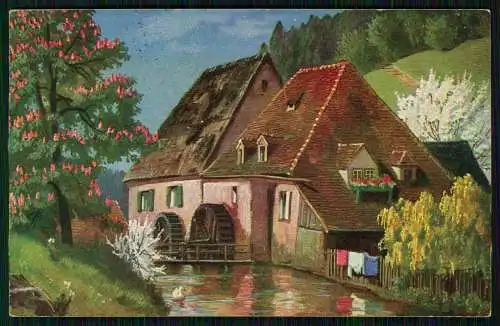 AK Künstler Wassermühle in Betrieb Frühling Baumblüte 1927 Geesthacht gelaufen