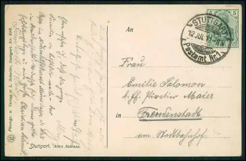 AK Stuttgart Blick auf das Schloss Radfahrer und Passanten 1911 gelaufen